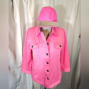 Jean Jacket+Blinged Cap: Pink, Women Pockets Collar/BttnUp,Christopher & Banks,M